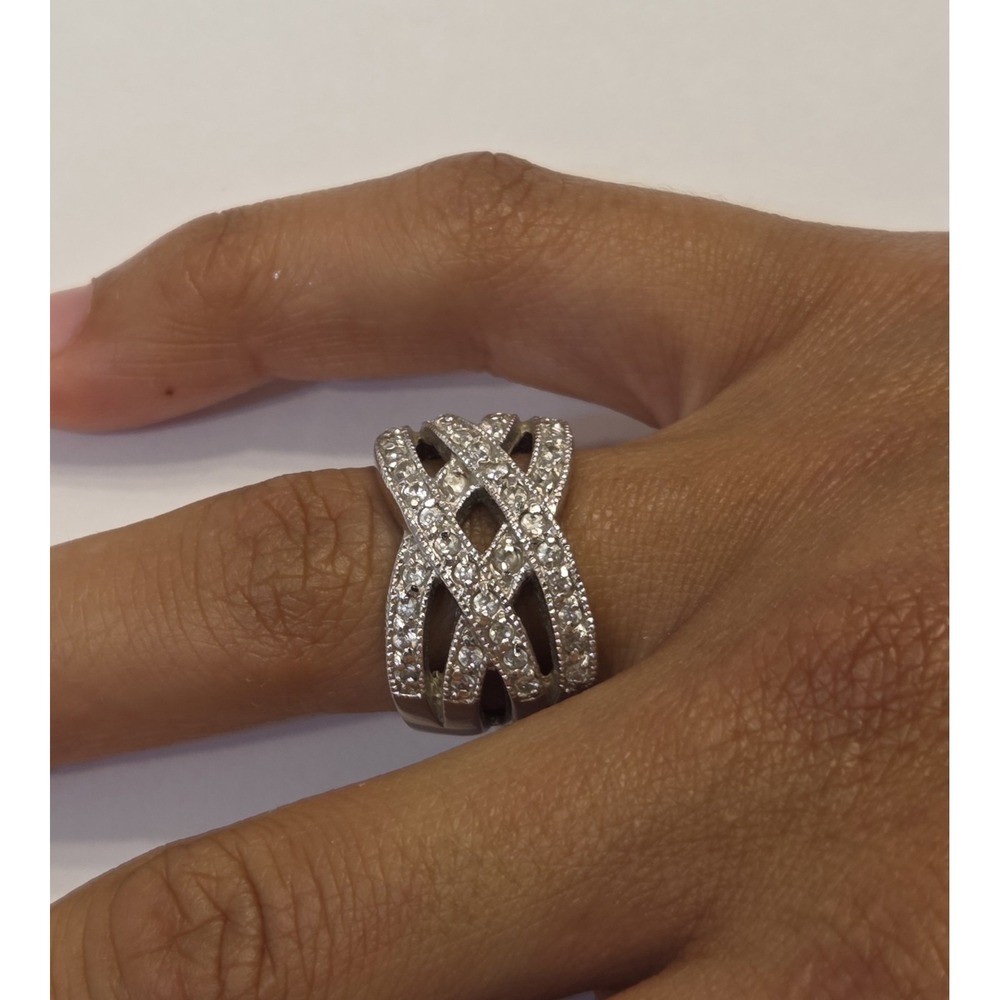 Sterling Silver Criss Cross Pave Set‎ Wide Band Statement Ring Size 7
